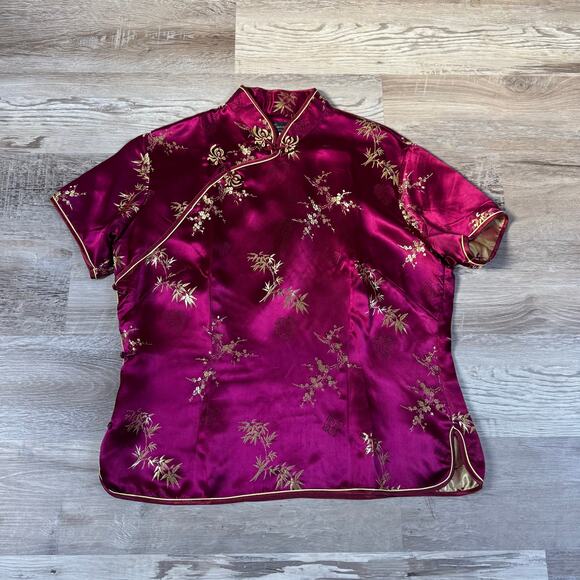 Vintage Tops - Vintage Cassure Pure Silk Burgundy Cheongsam Top Gold Embroidery Large